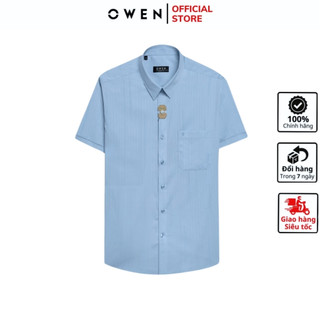 Áo sơ mi ngắn tay nam OWEN AR240049NT somi công sở cao cấp vải sợi tre màu xanh dương dáng suông tà lượn có túi