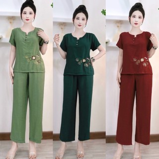 B01 Bộ Đũi xước tay cộc quần dài cho Mẹ hoa dây nhỏ cho Mẹ cho Bà