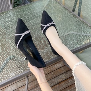 Giày công sở cao gót nhọn 5p bít mũi da nhung 2 dây xoàn xoắn mũi chân - BM113