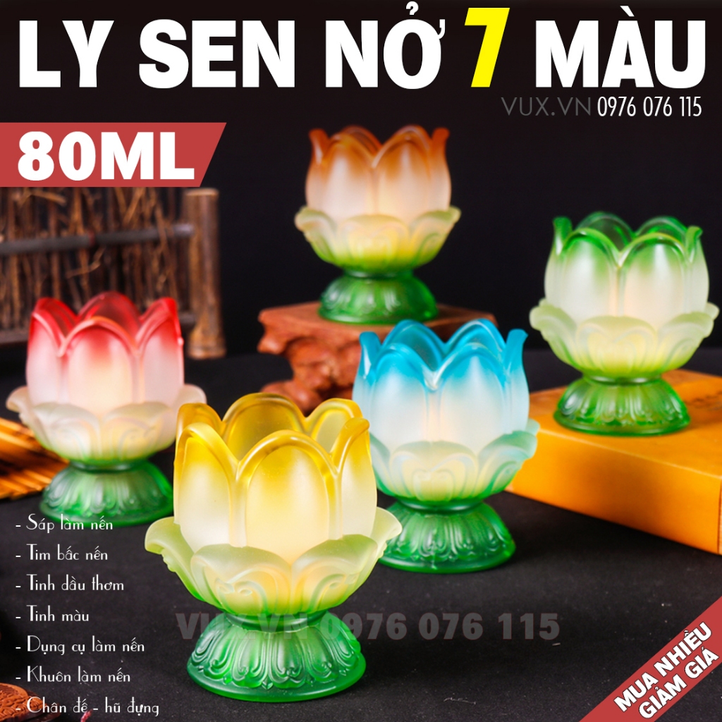 Ly Thủy Tinh Hoa Sen Nở 7 Màu Làm Nến Ly Cúng Dường, Dâng Hương Cúng Phật - Nguyên Liệu Làm Nến Thơm, Nến Bơ Cúng Dường