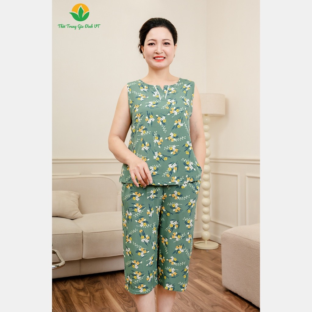 Bộ lanh mặc nhà trung niên quần lửng áo sát nách cổ V phối ren thời trang Việt Thắng - B05.2429