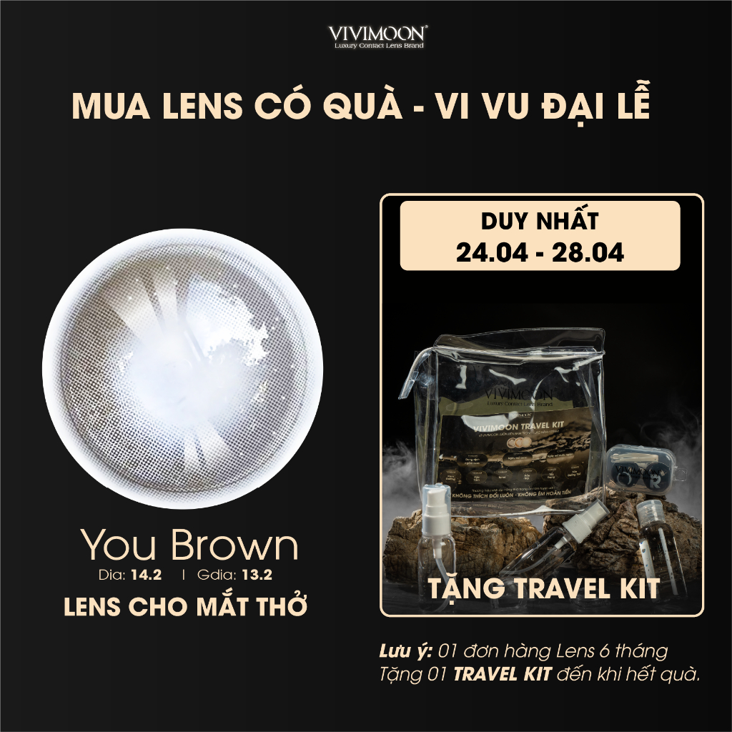 Lens cận cho mắt thở VIVIMOON 6 tháng màu nâu vân nhũ You Brown