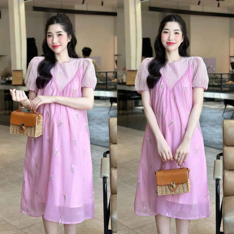 EVERMOM l Đầm bầu dự tiệc Vera Dress - Đầm tơ phối ren 2 lớp tay phồng điệu đà nữ tính