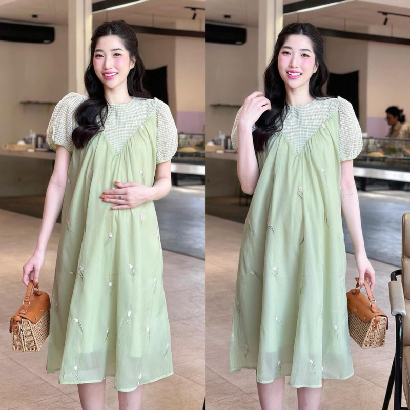 EVERMOM l Đầm bầu dự tiệc Vera Dress - Đầm tơ phối ren 2 lớp tay phồng điệu đà nữ tính