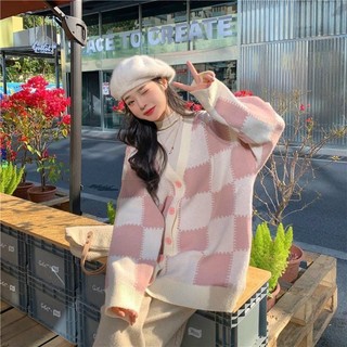 Áo khoác Cardigan nữ form rộng họa tiết ô trám, chất nỉ dày dặn