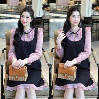 EVERMOM l Đầm bầu Celia voan tơ phối tay dài cổ bèo cột nơ