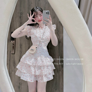 Đầm xốp hoa xếp tầng ngắn mini mẫu mới bánh bèo thời thượng có lót váy trong đính nút bọc.!