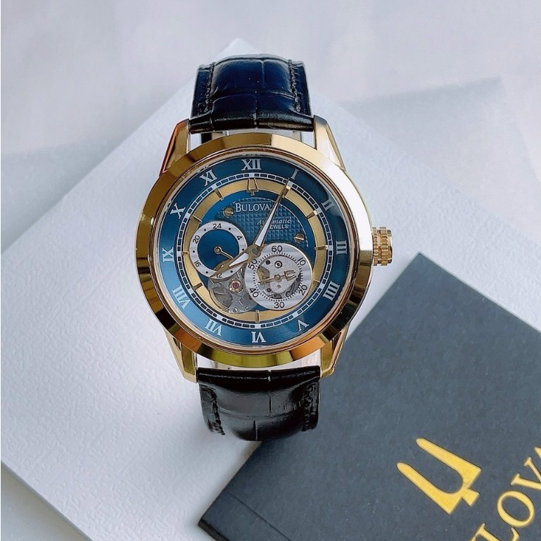 Đồng hồ đeo tay nam máy cơ chính hãng dây da BUL0VA 96A118 gold size 42mm Fullbox, chống nước