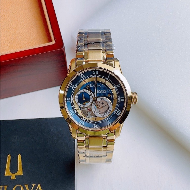 Đồng hồ đeo tay nam máy cơ chính hãng dây kim loại BUL0VA 96A118 gold size 42mm Fullbox, chống nước