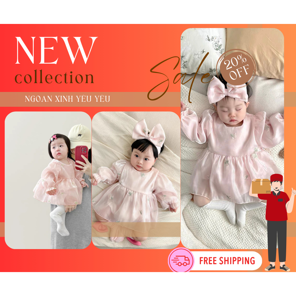 Body váy voan hồng organza thêu hoa nhí tặng turban nơ