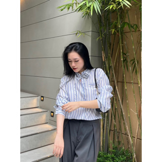 Áo sơ mi nữ Camille áo sơ mi kiểu kẻ sọc tay dài dây hoa tháo rời oversize phong cách công sở hàn quốc