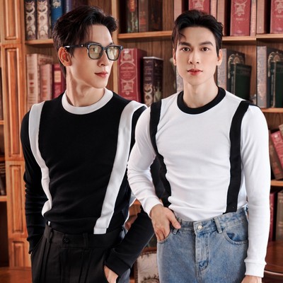 Áo Thun Nam Tay Dài Cổ Tròn Form Body Viền Sọc Hai Bên Nhiều Màu Thun Gân Thương Hiệu Mr Twins