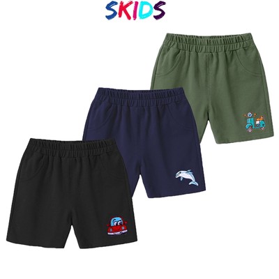 Quần đùi cho bé trai SKIDS quần thun trẻ em ngắn chất cotton họa tiết thêu oto cho bé 2 đến 8 tuổi