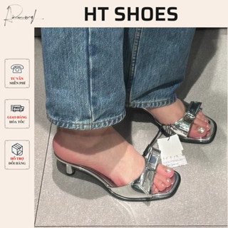  Giày sandal cao gót Z mũi vuông đính nơ nhỏ xinh màu bạc sáng nổi bật đế cao 5cm phong cách sang trọng Fullbox #8375-1 
