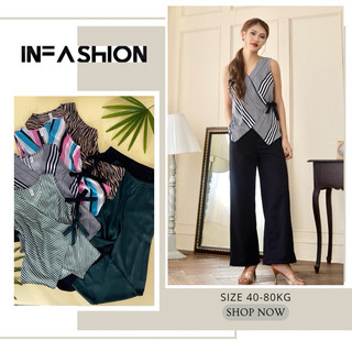 Set bộ lụa quần dài ống rộng áo sọc cột nơ Infashion