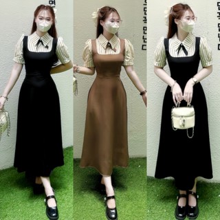 A37-Váy Yếm Liền thiết kế xoè nhẹ phối kẻ sọc cao cấp,có túi 2 bên. Chất liệu mềm mịn, Phù hợp đi làm, đi chơi Mijustore