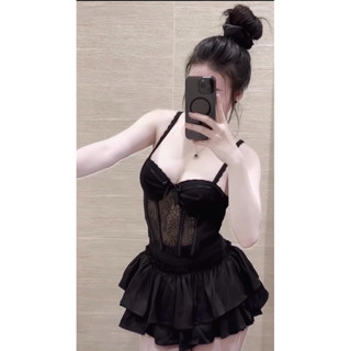 Set áo cúp 2 dây kèm dây đan ngực mặc đan dây hay k đều đẹp chân váy cạp chun tầng xoè sẵn lót quần hàng QCCC