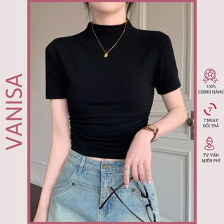 Áo croptop cổ lọ tay ngắn ôm body kiểu trắng đen gân tăm lạnh không dão không xù VANISA CT064