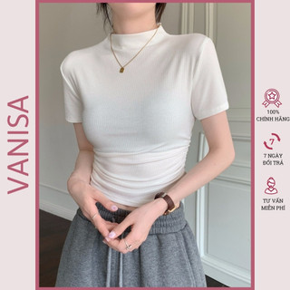 Áo croptop cổ lọ trắng đen gân tăm tay ngắn ôm body kiểu không dão không xù VANISA CT064