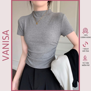 Áo croptop cổ lọ trắng đen tay ngắn ôm body kiểu thun xinh VANISA CT064