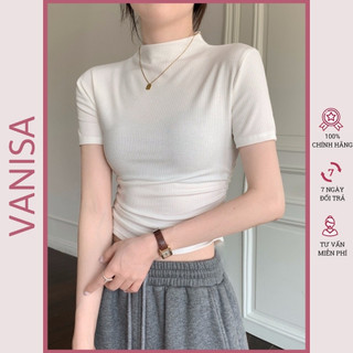 Áo croptop cổ lọ nữ tay ngắn kiểu ôm body trắng đen gân tăm lạnh không dão không xù VANISA CT064
