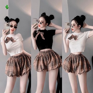 Sét bộ đùi quần bí sọc phối áo borip đính nơ