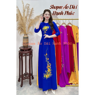 Set áo dài vải lụa mỹ màu xanh coban thêu truyền thống