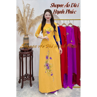 Set áo dài vải lụa mỹ màu vàng thêu truyền thống