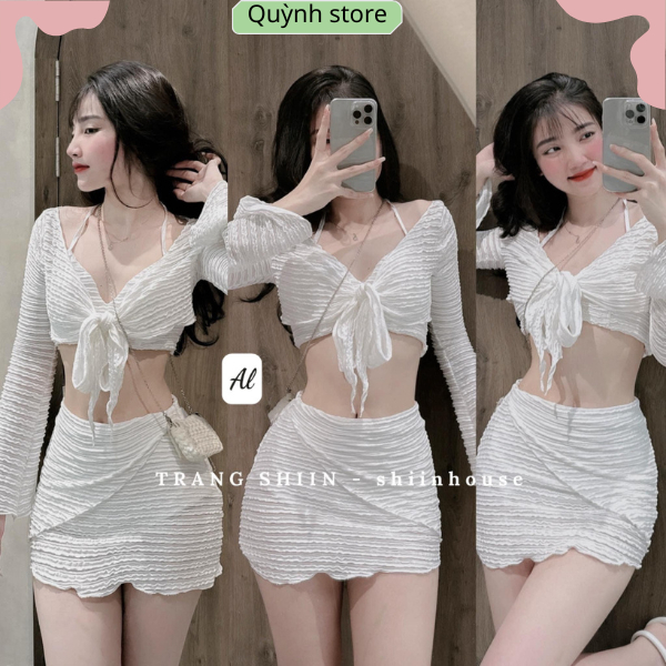 Set Đồ Nữ Đi Biển - Bikini Đi Biển Sexy Chất Vải Tằm Xốp Nhăn có mút ngực - Kèm Chân Váy Trắng