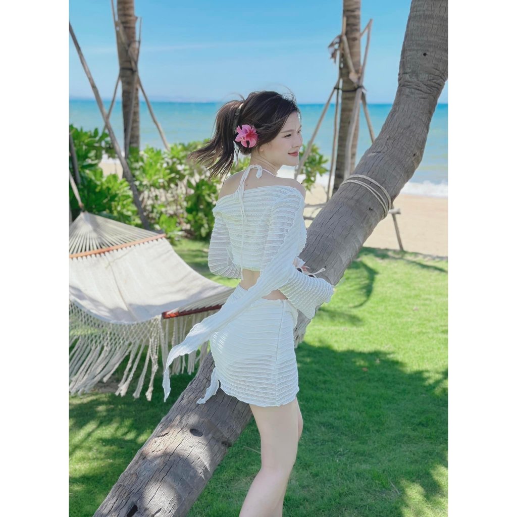 Set Đồ Nữ Đi Biển - Bikini Đi Biển Sexy Chất Vải Tằm Xốp Nhăn có mút ngực - Kèm Chân Váy Trắng | BigBuy360 - bigbuy360.vn