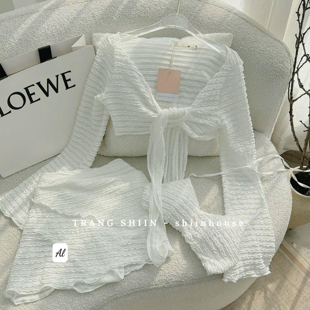 Set Đồ Nữ Đi Biển - Bikini Đi Biển Sexy Chất Vải Tằm Xốp Nhăn có mút ngực - Kèm Chân Váy Trắng | BigBuy360 - bigbuy360.vn