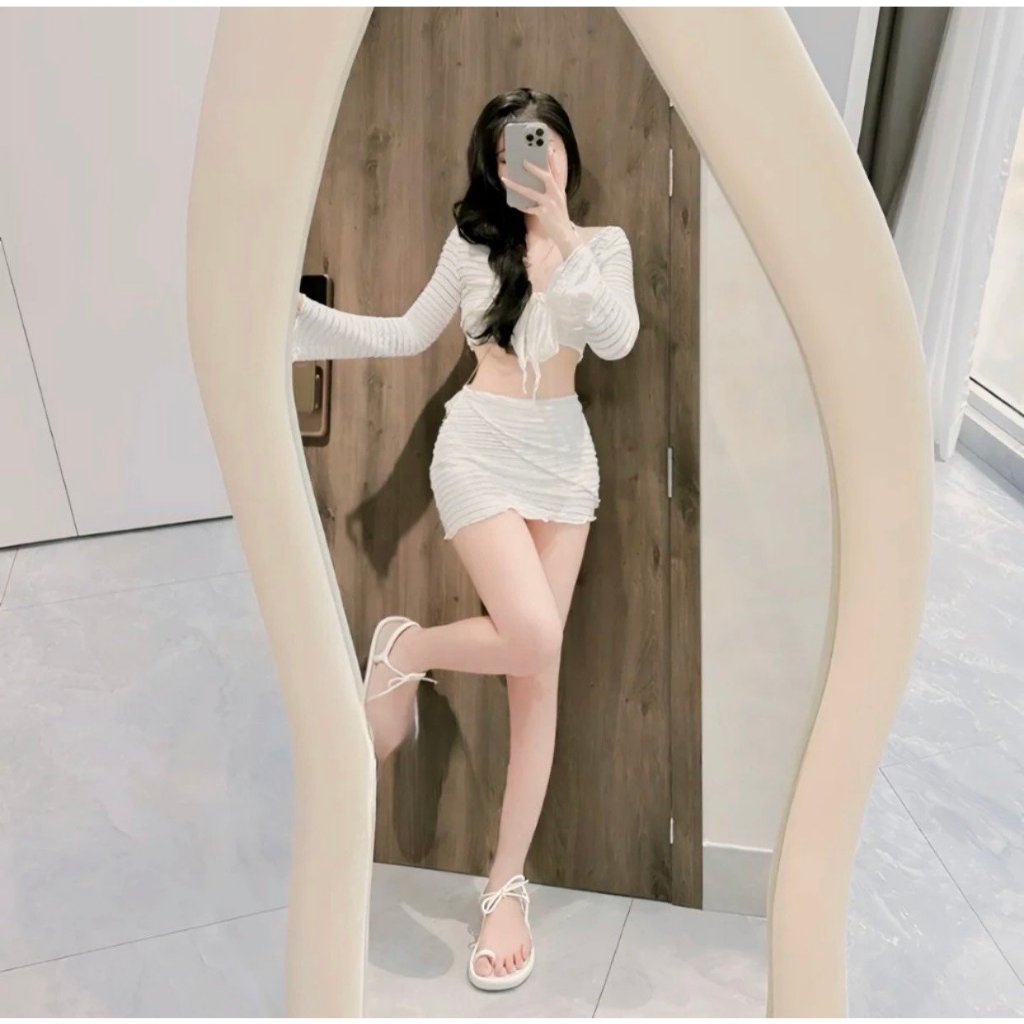 Set Đồ Nữ Đi Biển - Bikini Đi Biển Sexy Chất Vải Tằm Xốp Nhăn có mút ngực - Kèm Chân Váy Trắng | BigBuy360 - bigbuy360.vn