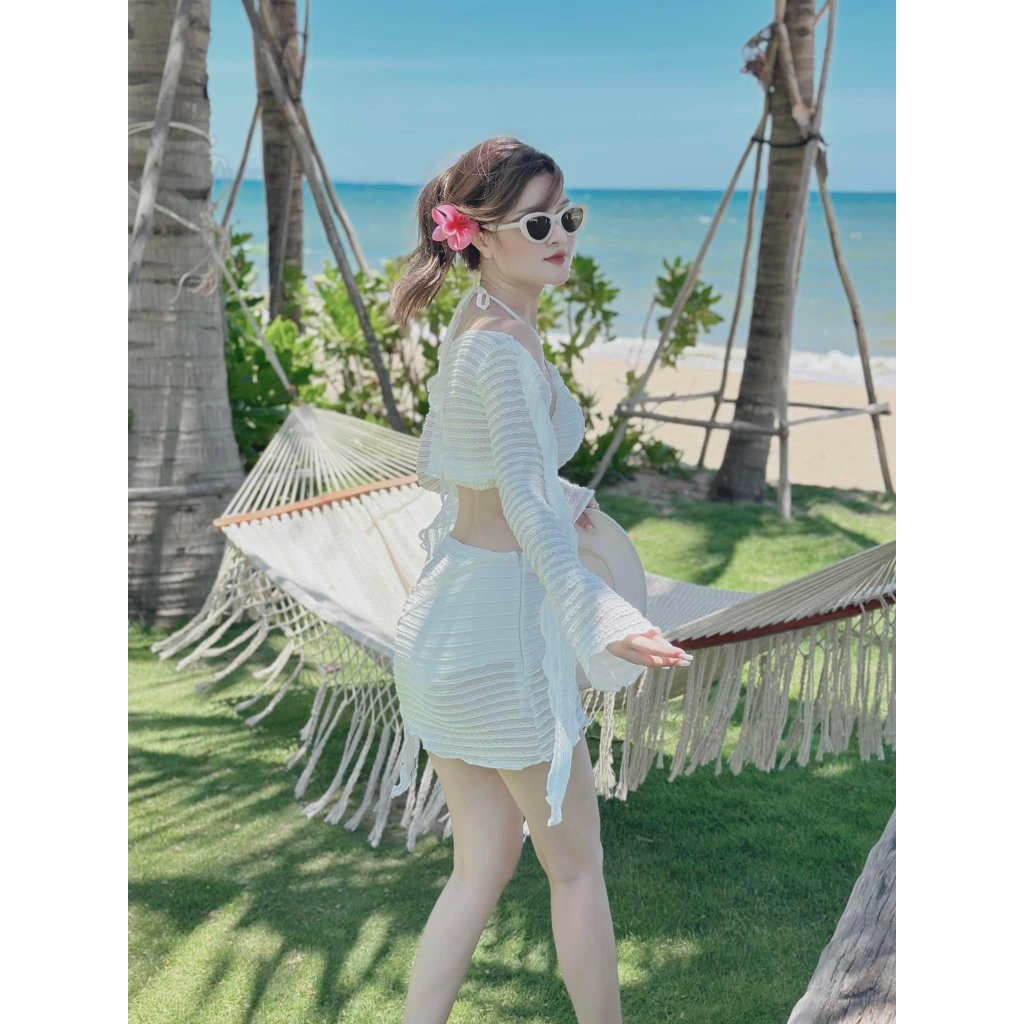 Set Đồ Nữ Đi Biển - Bikini Đi Biển Sexy Chất Vải Tằm Xốp Nhăn có mút ngực - Kèm Chân Váy Trắng | BigBuy360 - bigbuy360.vn