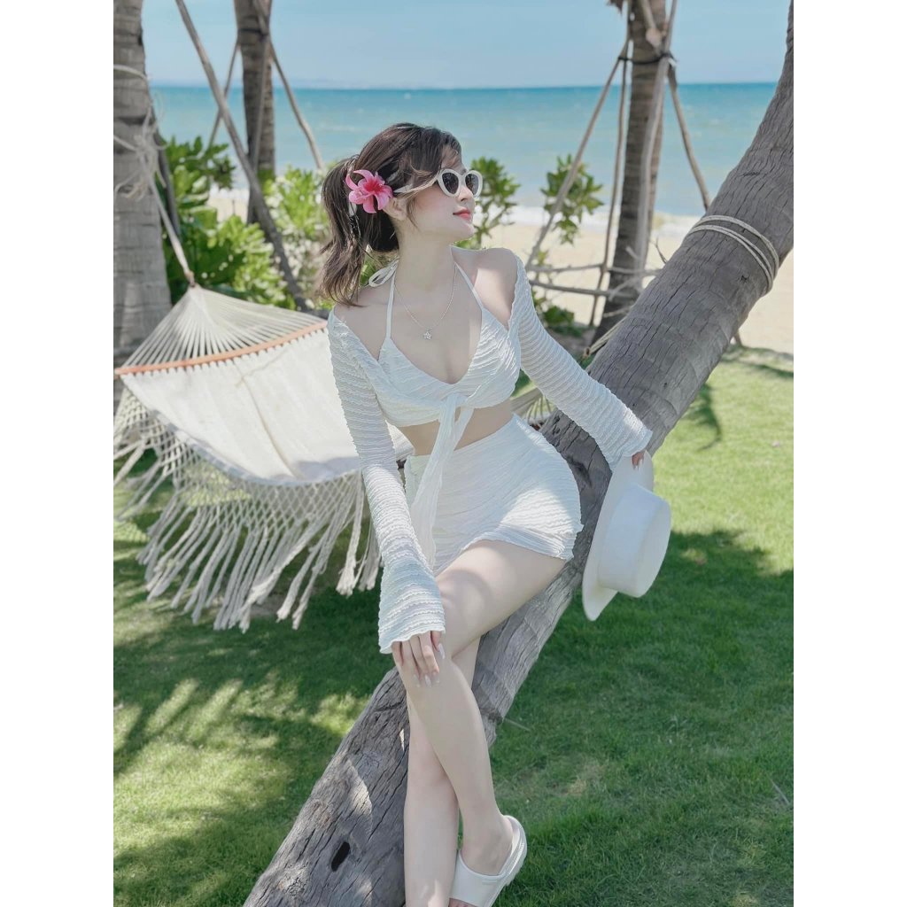 Set Đồ Nữ Đi Biển - Bikini Đi Biển Sexy Chất Vải Tằm Xốp Nhăn có mút ngực - Kèm Chân Váy Trắng | BigBuy360 - bigbuy360.vn