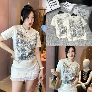 ÁO THUN NỮ MÀU BE HOẠ TIẾT CÂY CỎ MẶT TRỜI cotton lạnh mịn 2024