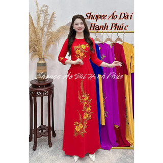 Set áo dài vải lụa mỹ đỏ tươi thêu truyền thống