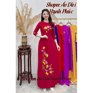 Set áo dài vải lụa mỹ màu đỏ đô thêu truyền thống