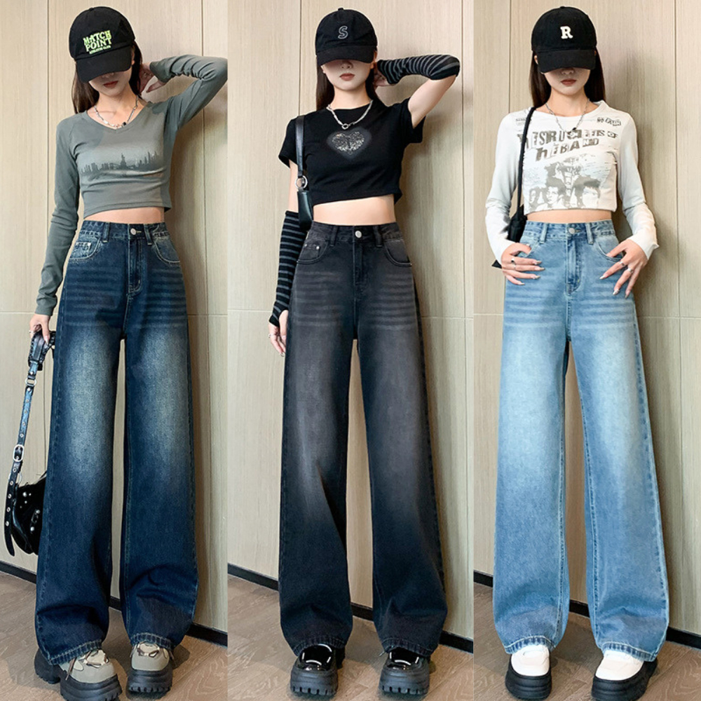 Quần jeans lưng cao ống rộng MIAA màu RETRO ôm eo , Quần bò jean ống rộng suông nữ CẠP CAO phong cách Ulzzang 2024