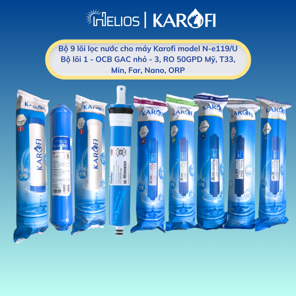 Trọn bộ 9 lõi lọc nước Karofi chính hãng dùng cho máy lọc nước Karofi N-e119/A, N-e119/U (12OCB3+RO50+56789)