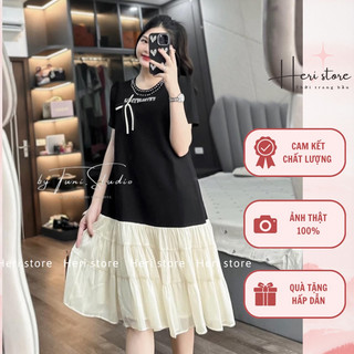 Váy suông chân tơ cổ đá đính nơ