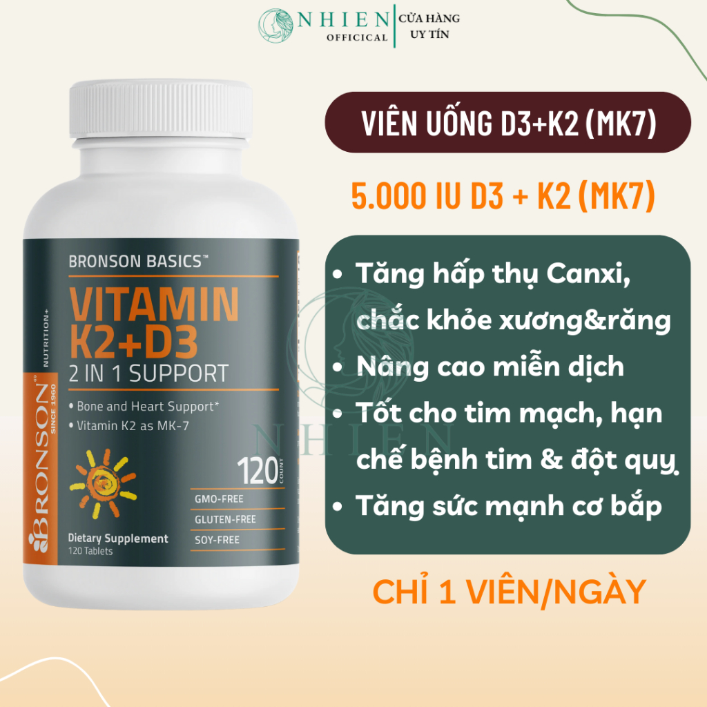 Viên uống D3 K2 MK7 Bronson tăng cường sức khỏe xương khớp, nâng cao miễn dịch 120 viên