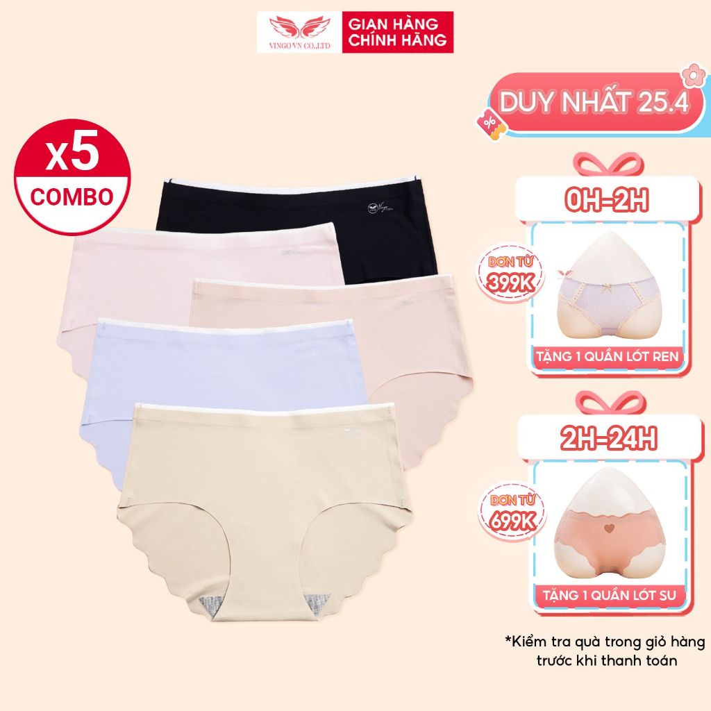 Combo 5 quần lót nữ su VINGO viền sóng không hằn đáy 2 lớp cotton kháng khuẩn hàng Việt Nam CB39