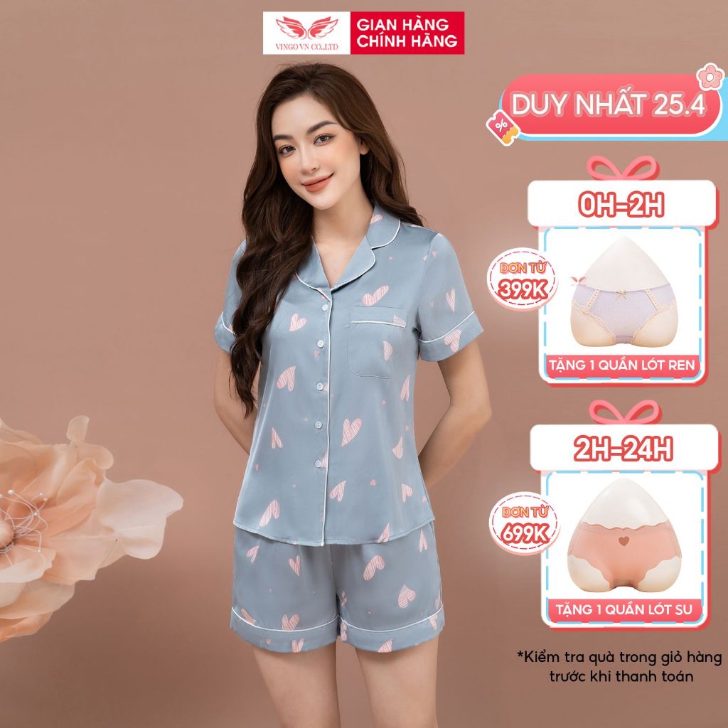 Pijama lụa bộ đồ ngủ mặc nhà cao cấp VINGO tay ngắn quần cộc hoạ tiết đẹp H685 VNGO