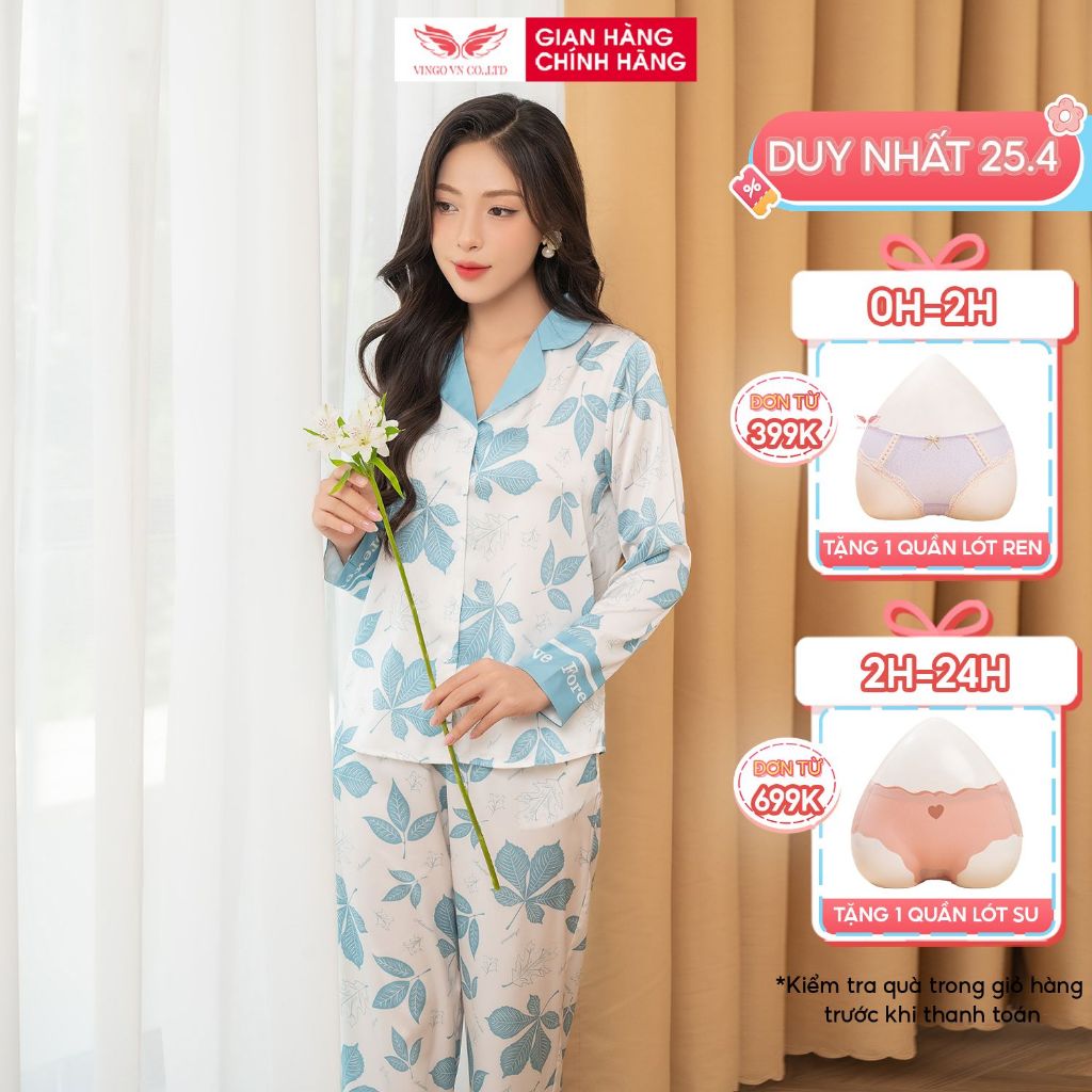 Đồ bộ mặc nhà Pijama lụa cao cấp mùa Hè VINGO tay dài quần dài dáng suông lá xanh thanh lịch H1065 VNGO