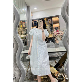 Váy suông sọc cúc bọc thêu nơ