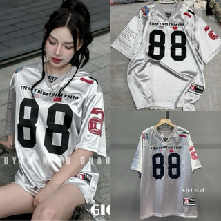 Áo thun Thể thao phối số 88 cổ tim chất cotton màu phối bạc dáng rộng unisex, áo phông nam nữ GTM phối bóng rổ siêu hot