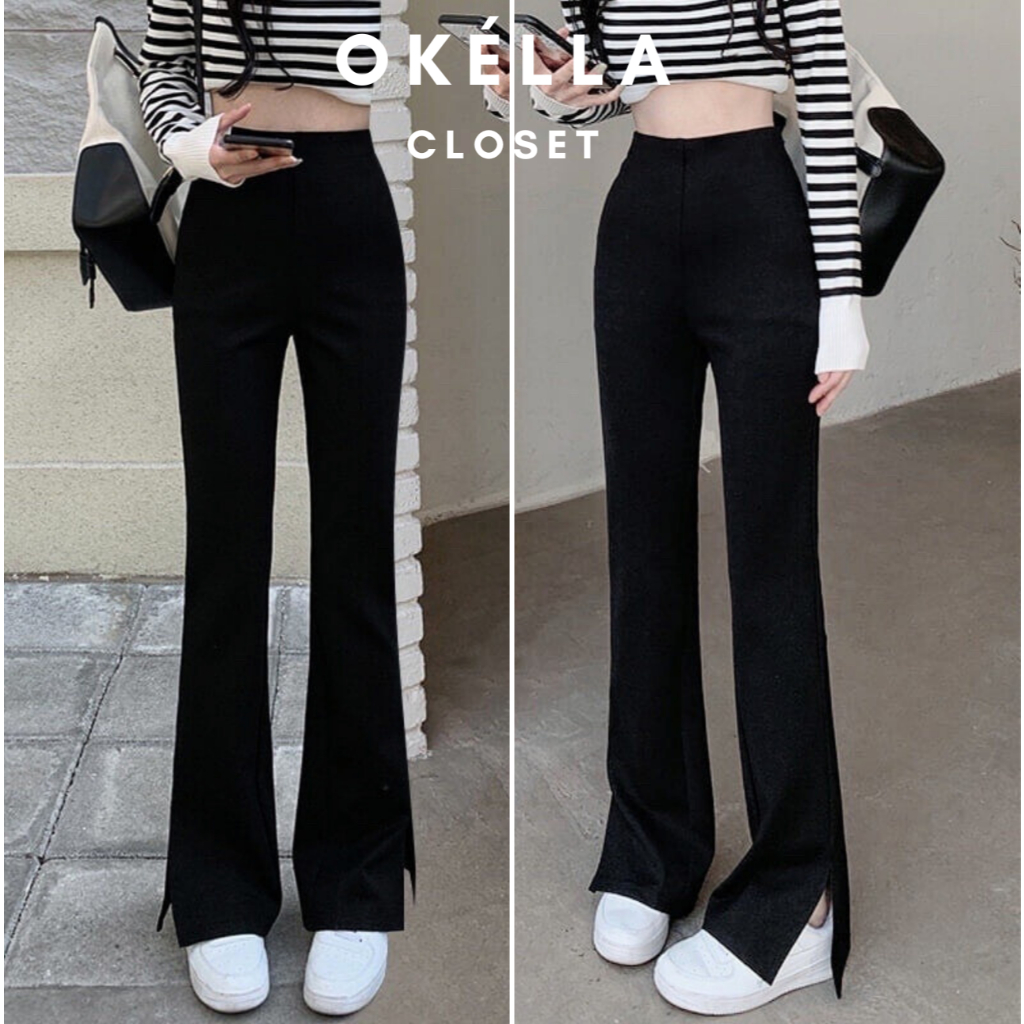 Quần ống loe xẻ tà 2 bên, quần tây loe cạp cao tôn dáng phong cách Ulzzang Hàn Quốc Okélla