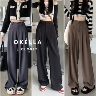 Quần nữ ống suông rộng túi ngang 2 bên, Quần ống suông nữ cạp cao dáng Ulzzang Okélla