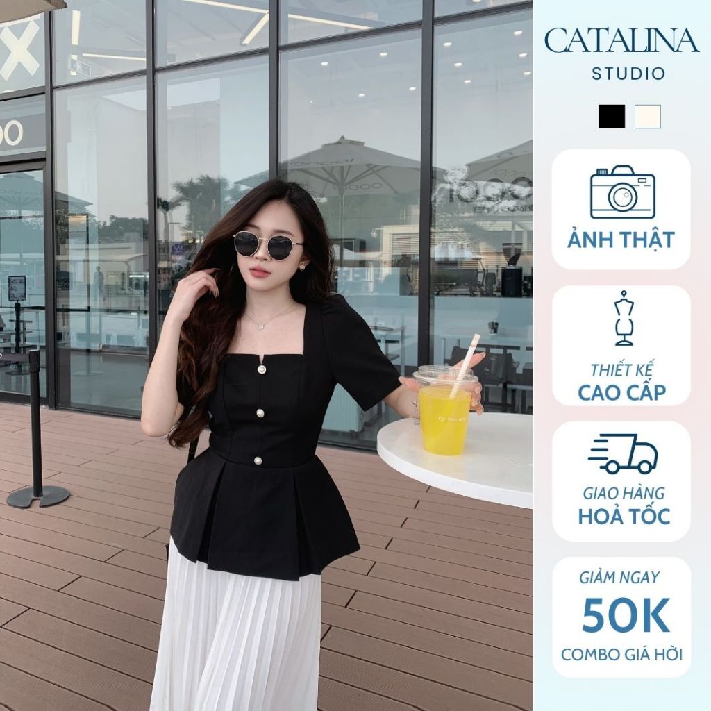 SEMI SET - Áo peplum áo nữ công sở cổ vuông chiết eo mix chân váy xếp ly Catalina hàng thiết kế