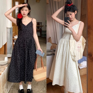  Váy hai dây thô hoạ tiết chấm bi nhí nhảnh dễ thương thiết kế chun sau có tăng đơ điều chỉnh